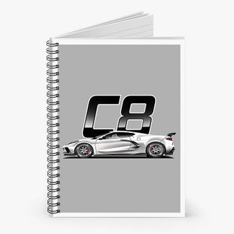 Pastele Corvette C8 White Custom Spiral Notebook Ruled Line Front Cover Awesome Printed Book Notes School Notes Job Schedule Note 90gsm 118 Pages Metal Spiral Notebook