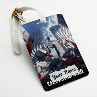 Pastele Chainsaw Man Anime Custom Luggage Tags Personalized Name PU Leather Luggage Tag With Strap Awesome Baggage Hanging Suitcase Bag Tags Name ID Labels Travel Bag Accessories