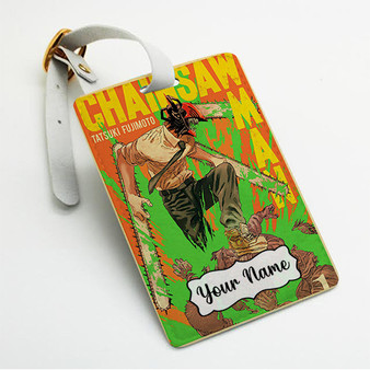 Pastele Chainsaw Man Vintage Custom Luggage Tags Personalized Name PU Leather Luggage Tag With Strap Awesome Baggage Hanging Suitcase Bag Tags Name ID Labels Travel Bag Accessories