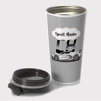 Pastele Corvette C8 White Custom Travel Mug Awesome Personalized Name Stainless Steel Drink Bottle Hot Cold Leak-proof 15oz Coffee Tea Wine Trip Vacation Traveling Mug