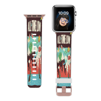 Pastele All Time Low Band Custom Apple Watch Band Awesome Personalized Genuine Leather Strap Wrist Watch Band Replacement with Adapter Metal Clasp 38mm 40mm 42mm 44mm Watch Band Accessories