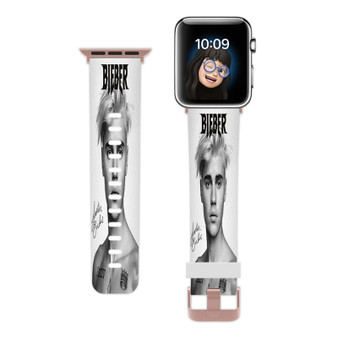 Pastele Justin Bieber Signed Custom Apple Watch Band Awesome Personalized Genuine Leather Strap Wrist Watch Band Replacement with Adapter Metal Clasp 38mm 40mm 42mm 44mm Watch Band Accessories