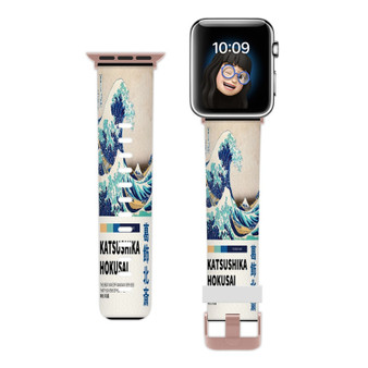 Pastele The Great Wave Of Kanagawa Custom Apple Watch Band Awesome Personalized Genuine Leather Strap Wrist Watch Band Replacement with Adapter Metal Clasp 38mm 40mm 42mm 44mm Watch Band Accessories