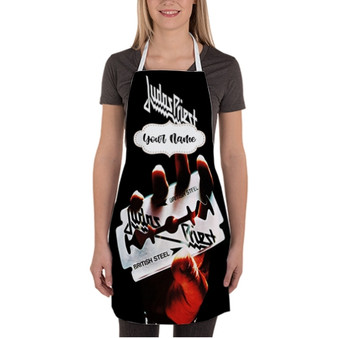 Pastele Judas Priest British Steel Custom Personalized Name Kitchen Apron Awesome With Adjustable Strap and Big Pockets For Cooking Baking Cafe Coffee Barista Cheff Bartender