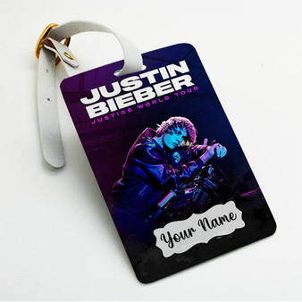 Pastele Justin Bieber Justice World Tour 2022 Custom Luggage Tags Personalized Name PU Leather Luggage Tag With Strap Awesome Baggage Hanging Suitcase Bag Tags Name ID Labels Travel Bag Accessories
