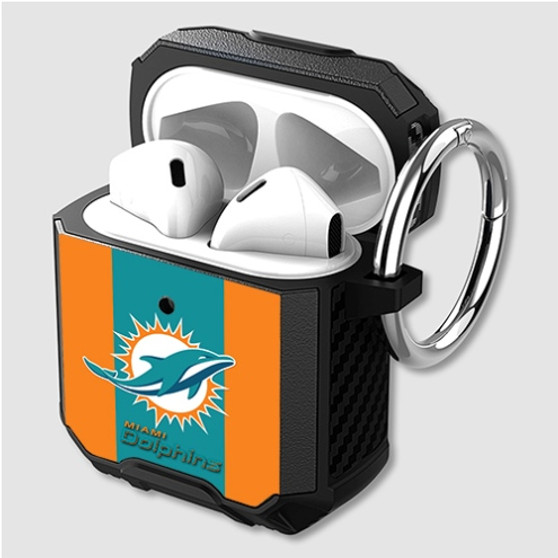 Pastele Miami Dolphins NFL Custom Personalized Airpods Case Shockproof Cover The Best Smart Protective Cover With Ring AirPods Gen 1 2 3 Pro Black Pink Colors