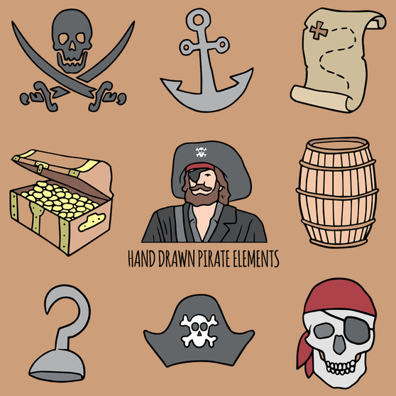 Pastele Hand Drawn Decorative Pirate Element Clipart PNG Eps 300 Dpi File Collection Editable Printable Artwork Vector Design Graphics Transparent Background Scrapbook Print Paper Product T-Shirt Tank Top Wall Decor Stickers Digital Download