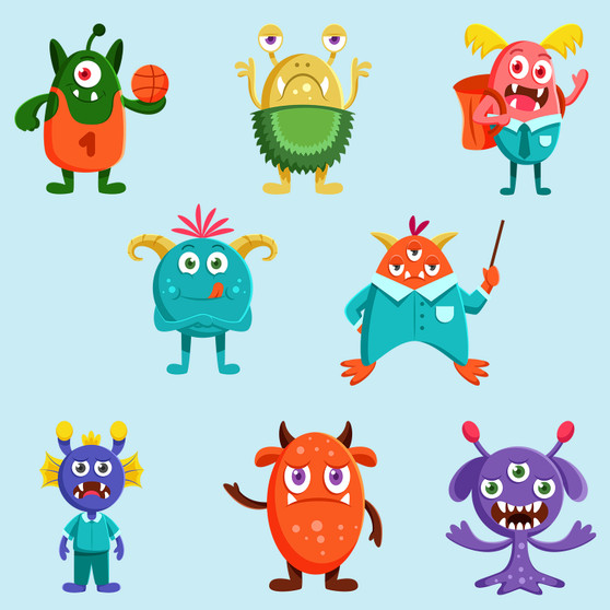 Pastele Happy Monster Character Set of Clipart Collection Printable Editable Digital Download PNG EPS File 300 Dpi Clip Art for Paper Products Invitations Greeting Card Stickers Embroidery Clothing Commercial and Personal Use
