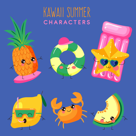 Pastele Kawaii Summer Characters Collection Collection Printable Editable Instant Digital Download 300 Dpi PNG EPS File Megabundle Illustrations Cute Hand Drawn Images Sticker for Fabric Clothing Embroidery Decoration Commercial Personal Use