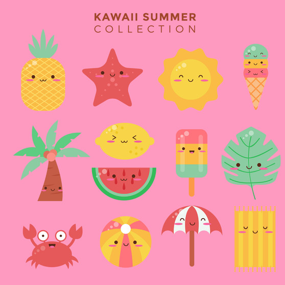 Pastele Kawaii Summer Characters Collection Printable Editable Instant Digital Download 300 Dpi PNG EPS File Megabundle Illustrations Cute Hand Drawn Images Sticker for Fabric Clothing Embroidery Decoration Commercial Personal Use
