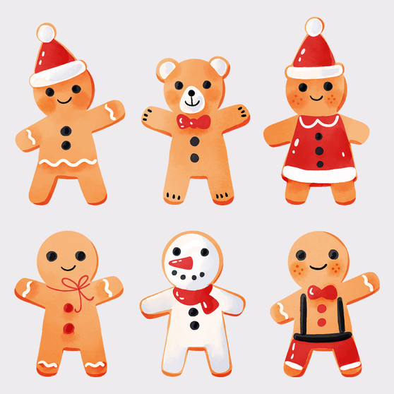 Pastele Watercolor Winter Gingerbread Man Cookie Set of Clipart Collection Printable Editable Digital Download PNG EPS File 300 Dpi Clip Art for Paper Products Invitations Greeting Card Stickers Embroidery Clothing Commercial and Personal Use