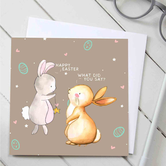 Pastele Happy Easter What Did You Say Bunny Watercolor Personalized Greeting Card Template Digital Download File Editable in Canva Custom Text Easy Self Editing Quotes Gift Card Wedding Happy Brithday New Born Mothers Day Fathers Day Graduation
