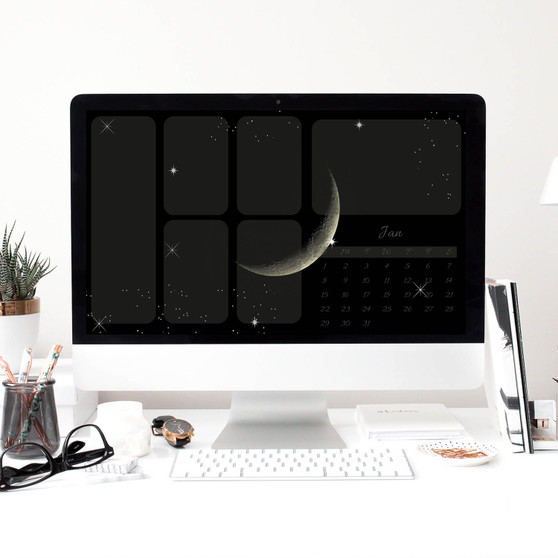 Pastele Dark Moon Mode Desktop Organizers Wallpaper Mac and Windows High Resolution Image Smart Desktop Minimalist WallPaper Notes Planner Calendar Organizer Desktop Custom Personalized Editable in Canva Self Editing Home Screen