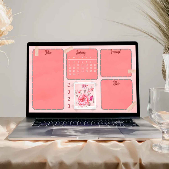 Pastele Pink Flower Vintage Desktop Organizers Wallpaper Mac and Windows High Resolution Image Smart Desktop Minimalist WallPaper Notes Planner Calendar Organizer Desktop Custom Personalized Editable in Canva Self Editing Home Screen