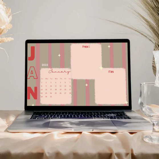 Pastele Grey Stripe Pink Calendar Wallpaper Desktop Organizer for Mac and Windows Minimalist Smart Work Wallpaper Planner Calendar Notes Notification Original Desktop Organizer Editable in Canva Custom Personalized Easy Self Editing