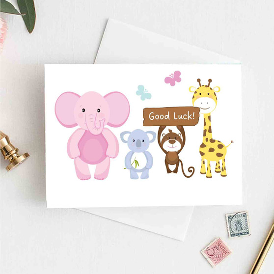 Pastele Good Luck Cute Animals 4x6 Inch Greeting Card High Resolution Images Template Editable in Canva Instant Digital Download Easy Editing Custom Personalized Greeting Card Text Quotes Gift Parcel Happy Birthday Wedding Graduation Printable