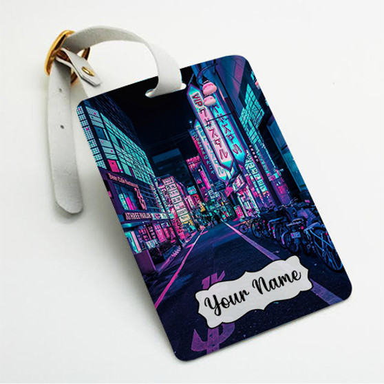 Pastele Tokyo A Neon Wonderland Custom Luggage Tags Personalized Name PU Leather Luggage Tag With Strap Awesome Baggage Hanging Suitcase Bag Tags Name ID Labels Travel Bag Accessories