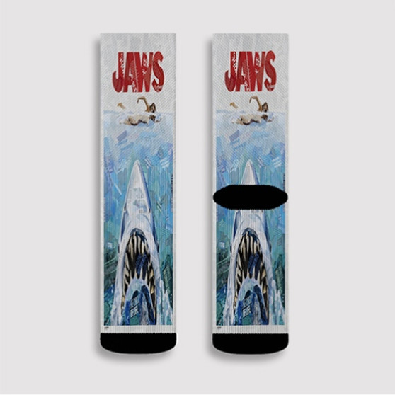 Pastele Jaws Movie Poster Custom Socks Sublimation Awesome Printed Sports Elite Socks Polyester Cushioned Bottoms Gym Gymnastic Running Yoga School Skatebording Basketball Spandex