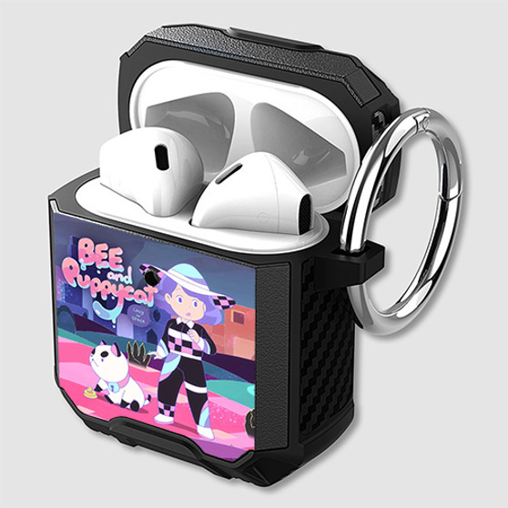 Pastele Bee and Puppy Cat Lazy in Space Custom Personalized AirPods Case Shockproof Cover Awesome The Best Smart Protective Cover With Ring AirPods Gen 1 2 3 Pro Black Pink Colors