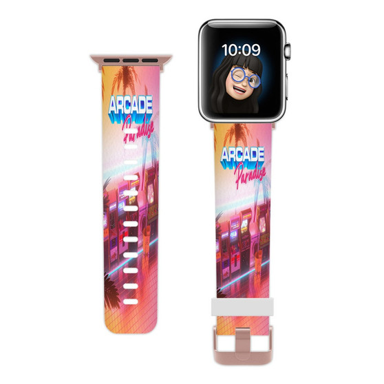 Pastele Arcade Paradise Custom Apple Watch Band Awesome Personalized Genuine Leather Strap Wrist Watch Band Replacement with Adapter Metal Clasp 38mm 40mm 42mm 44mm Watch Band Accessories