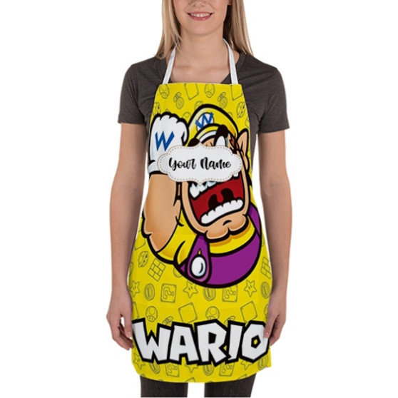 Pastele Wario Super Mario Bros Nintendo Custom Personalized Name Kitchen Apron Awesome With Adjustable Strap and Big Pockets For Cooking Baking Cafe Coffee Barista Cheff Bartender