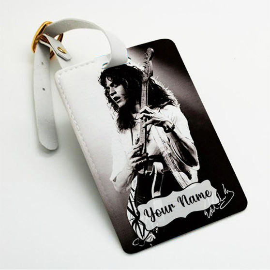 Pastele Eddie Van Halen Signed Custom Luggage Tags Personalized Name PU Leather Luggage Tag With Strap Awesome Baggage Hanging Suitcase Bag Tags Name ID Labels Travel Bag Accessories