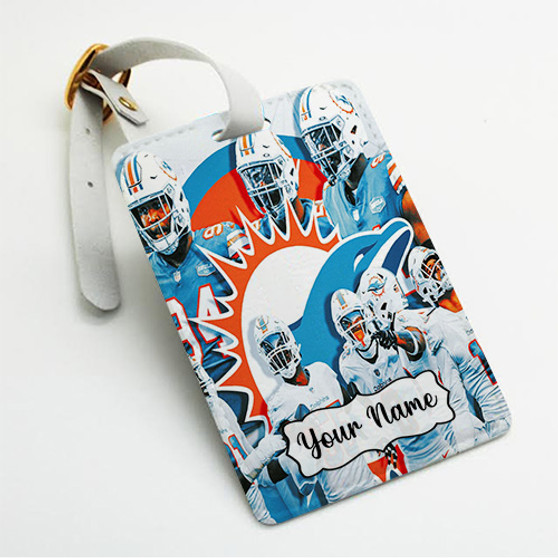 Pastele Miami Dolphins NFL 2022 Custom Luggage Tags Personalized Name PU Leather Luggage Tag With Strap Awesome Baggage Hanging Suitcase Bag Tags Name ID Labels Travel Bag Accessories