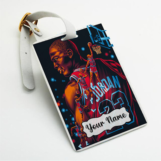 Pastele Michael Jordan Tribute Custom Luggage Tags Personalized Name PU Leather Luggage Tag With Strap Awesome Baggage Hanging Suitcase Bag Tags Name ID Labels Travel Bag Accessories