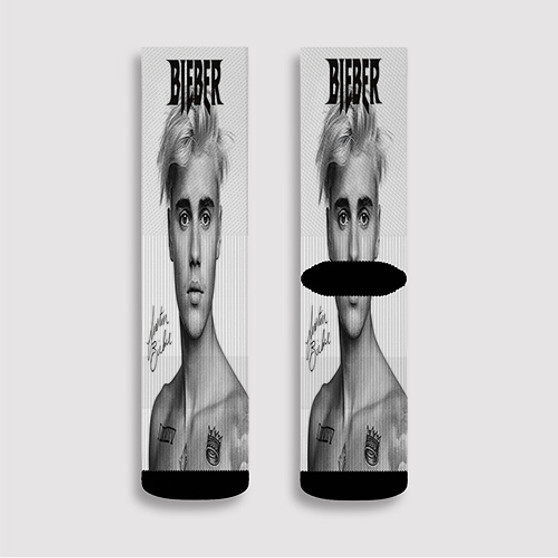 Pastele Justin Bieber Signed Custom Socks Sublimation Awesome Printed Sports Elite Socks Polyester Cushioned Bottoms Gym Gymnastic Running Yoga School Skatebording Basketball Spandex