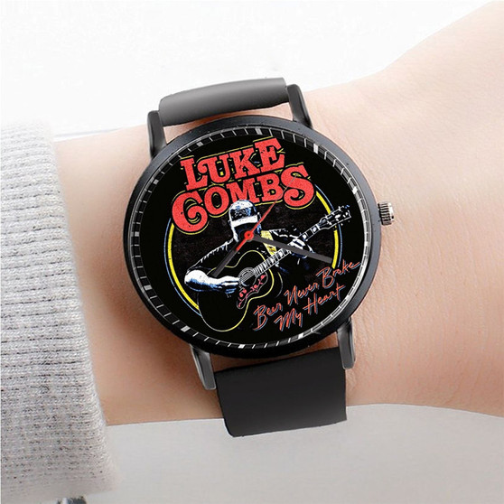 Pastele Luke Combs Beer Never Broke My Heart Watch Custom Unisex Black Quartz Watch Premium Gift Box Watches