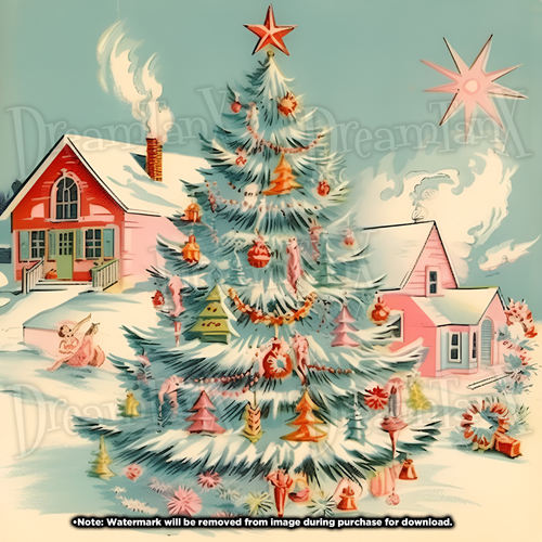 Retro Decorated Christmas Tree in Snowy Pink Houses