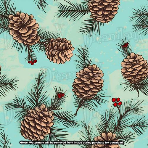 Pinecone Twigs and Berries Blue Green Background Pattern