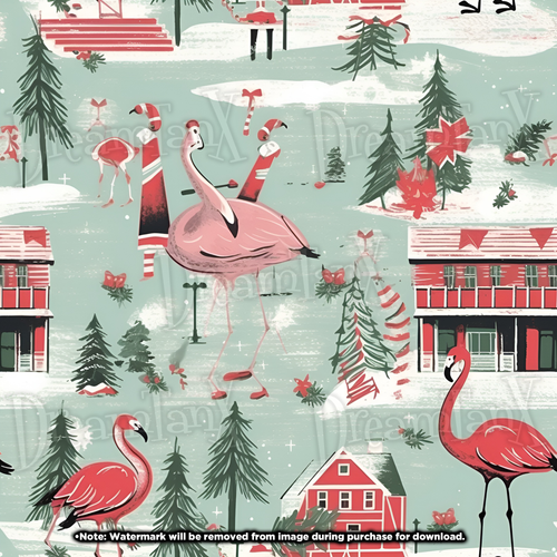 Pink Green Flamingo Christmas House Pattern