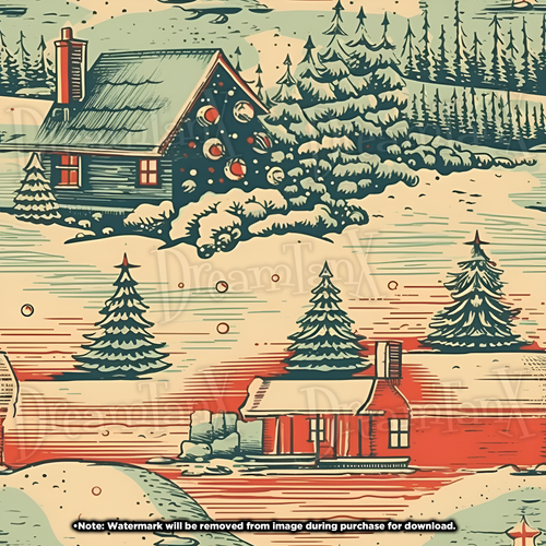 Red Green Christmas Mountain Cabin Woodcut Pattern