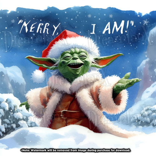 A joyful Yoda from Star Wars dressed in a fluffy Santa outfit, set against a snowy landscape. Above him, the words "Merry, I Am!" are whimsically written in the snow.