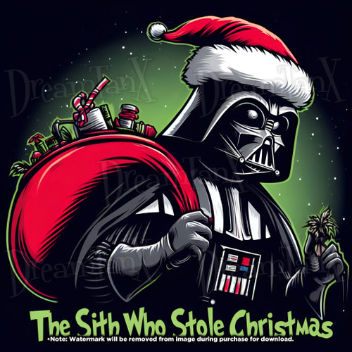 A vibrant digital artwork showcasing Darth Vader dressed in festive attire, with a Santa hat and a sack full of presents. The text "The Sith Who Stole Christmas" humorously connects the Star Wars universe with classic holiday tales.