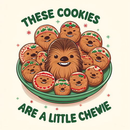 An illustration of a green plate filled with cookies shaped and designed like Chewbacca's face, decorated with festive Christmas designs. Above the plate are the words "These Cookies" and below the plate, "Are a little Chewie". The background is a soft beige with snowflakes and stars scattered around.