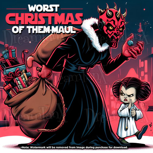 Illustration of Darth Maul dressed in Christmas attire offering a Christmas bulb to a young and defiant Princess Leia against a futuristic city backdrop. The headline reads "Worst Christmas of Them-Maul."