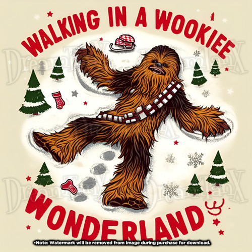 Chewbacca joyfully lying in the snow, creating snow angels, surrounded by Christmas trees and holiday-themed decorations, with the playful text "WALKING IN A WOOKIEE WONDERLAND."