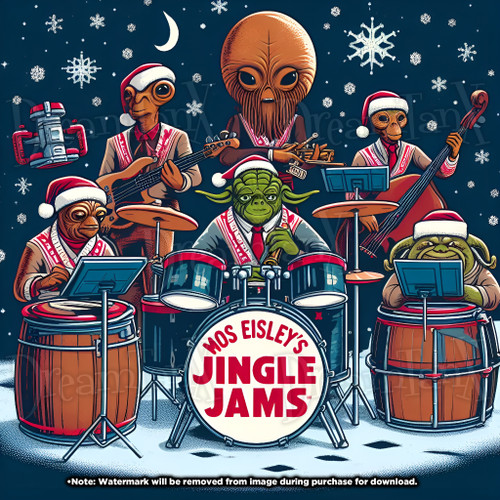 Mos Eisley Cantina Band members and Yoda dressed in holiday attire, playing various musical instruments under a starry night with the words "MOS EISLEY'S JINGLE JAMS" prominently displayed.