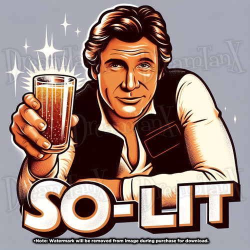 Illustration of the Star Wars character offering a drink with a playful pun on his name, set against a starry backdrop.