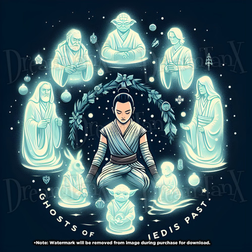 Illustration of Rey meditating, encircled by glowing Force spirits of iconic Jedi characters, amidst holiday decorations.