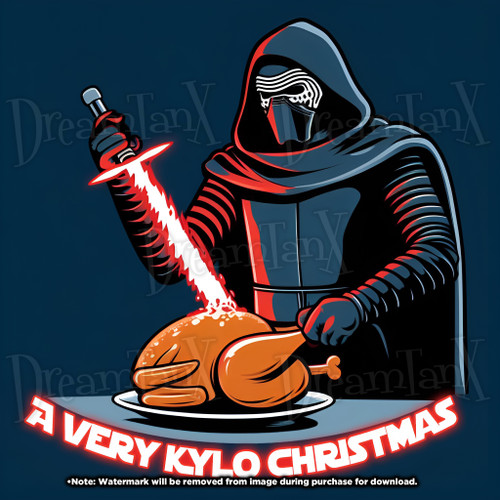 Illustration of Kylo Ren using his crossguard lightsaber to carve a Christmas turkey, with the caption 'A Very Kylo Christmas'.