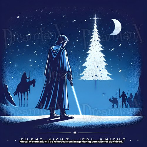 Illustration of a Jedi with a glowing lightsaber, looking towards a bright Christmas tree, under a starry night sky, with Star Wars silhouettes in the background and the caption 'Silent Night, Jedi Knight'.