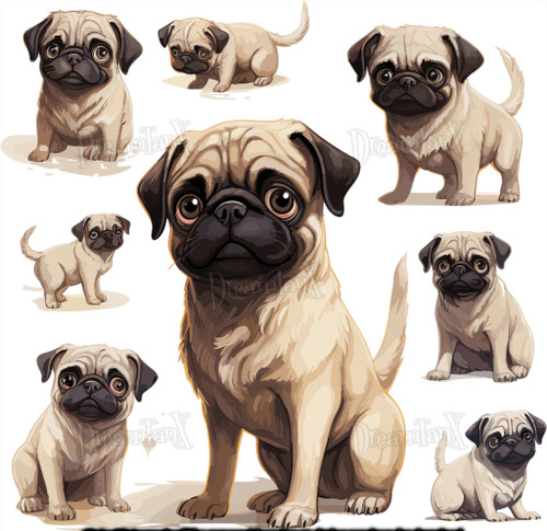 Character Design Sheet Pug: Adorable pug illustrations showcasing different character designs - Set Of 4.