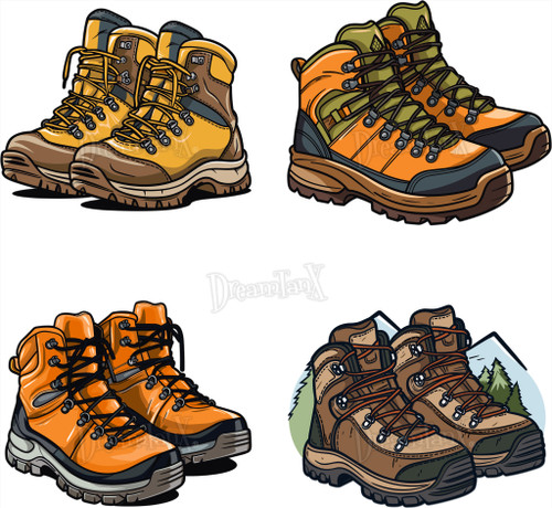 Hiking Boots: Sturdy and adventurous hiking boots illustrations, perfect for outdoor enthusiasts - Set Of 4.