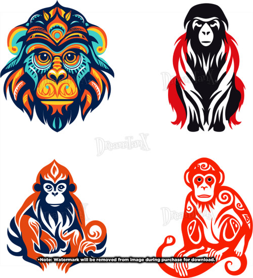 Monkey: Playful and mischievous monkey illustrations, capturing their curious nature - Set Of 4.