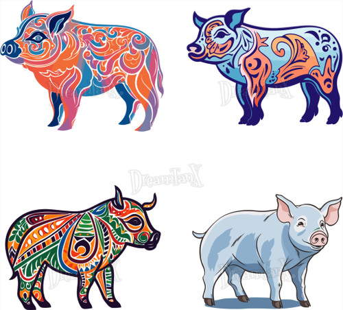 Pigs: Charming and adorable pig illustrations, embodying warmth and prosperity - Set Of 4.