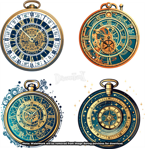 Pocket Watch: Timeless and classic pocket watch illustrations, capturing the essence of time - Set Of 4.