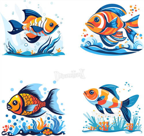 Saltwater Fish: Colorful and diverse saltwater fish illustrations, celebrating marine life - Set Of 4.